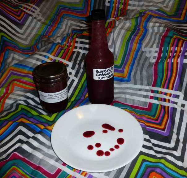 Blueberry Habanero Hot Sauce (and my pathetic attempt to do a smiley face with the hot sauce bottle dripper)